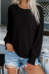 Black Shirred Cuffs Solid Long Sleeve T Shirt