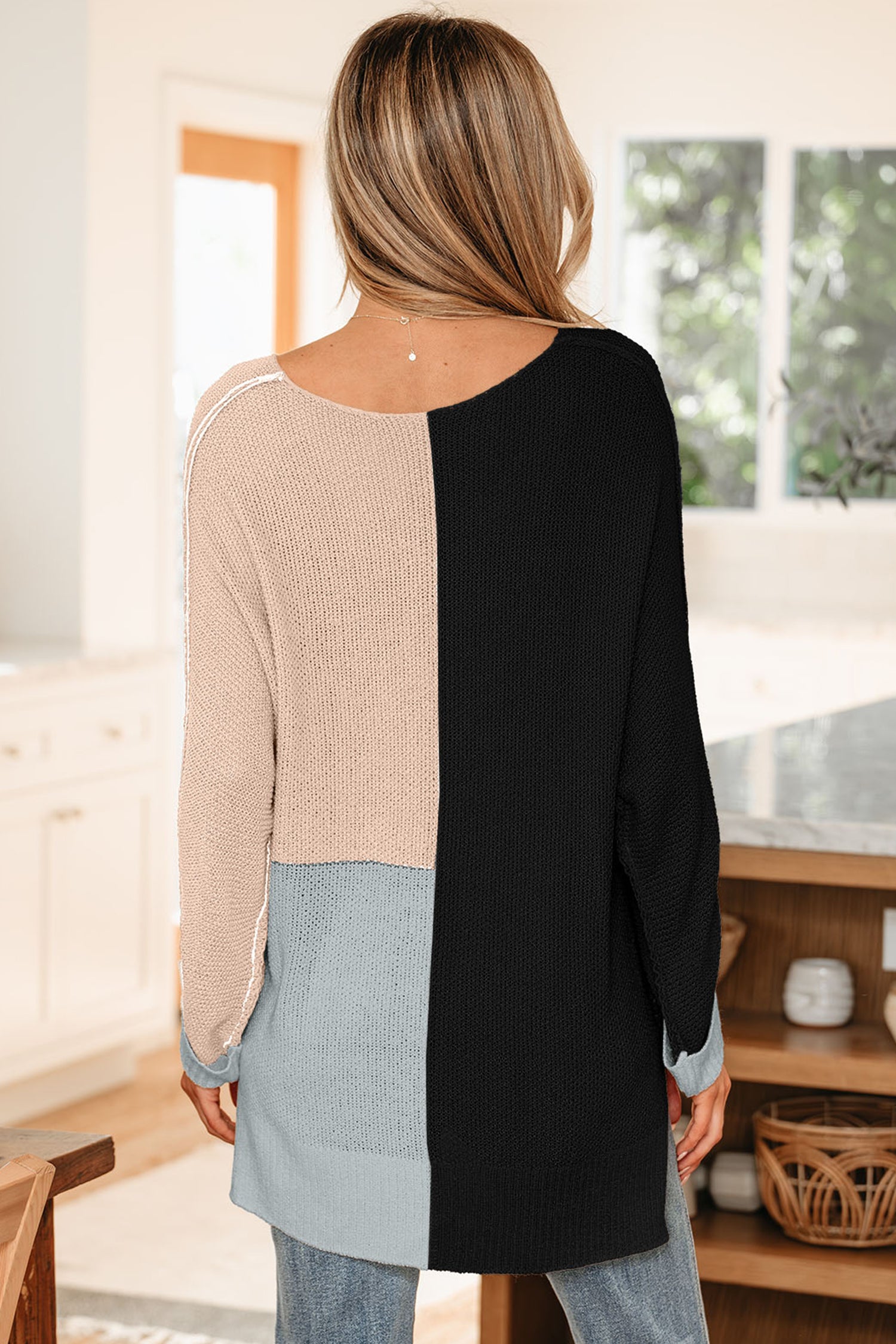 Evergreen Color Block Knit V Neck Loose Sweater