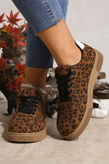 Coffee Leopard Print Contrast Heel Tab Patchwork Laceup Shoes