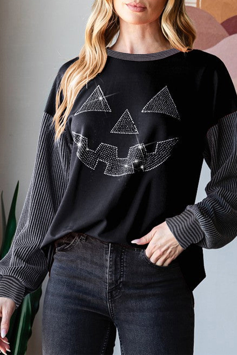 Black Halloween Rhinestone Pumpkin Contrast Ribbed Patchwork Top