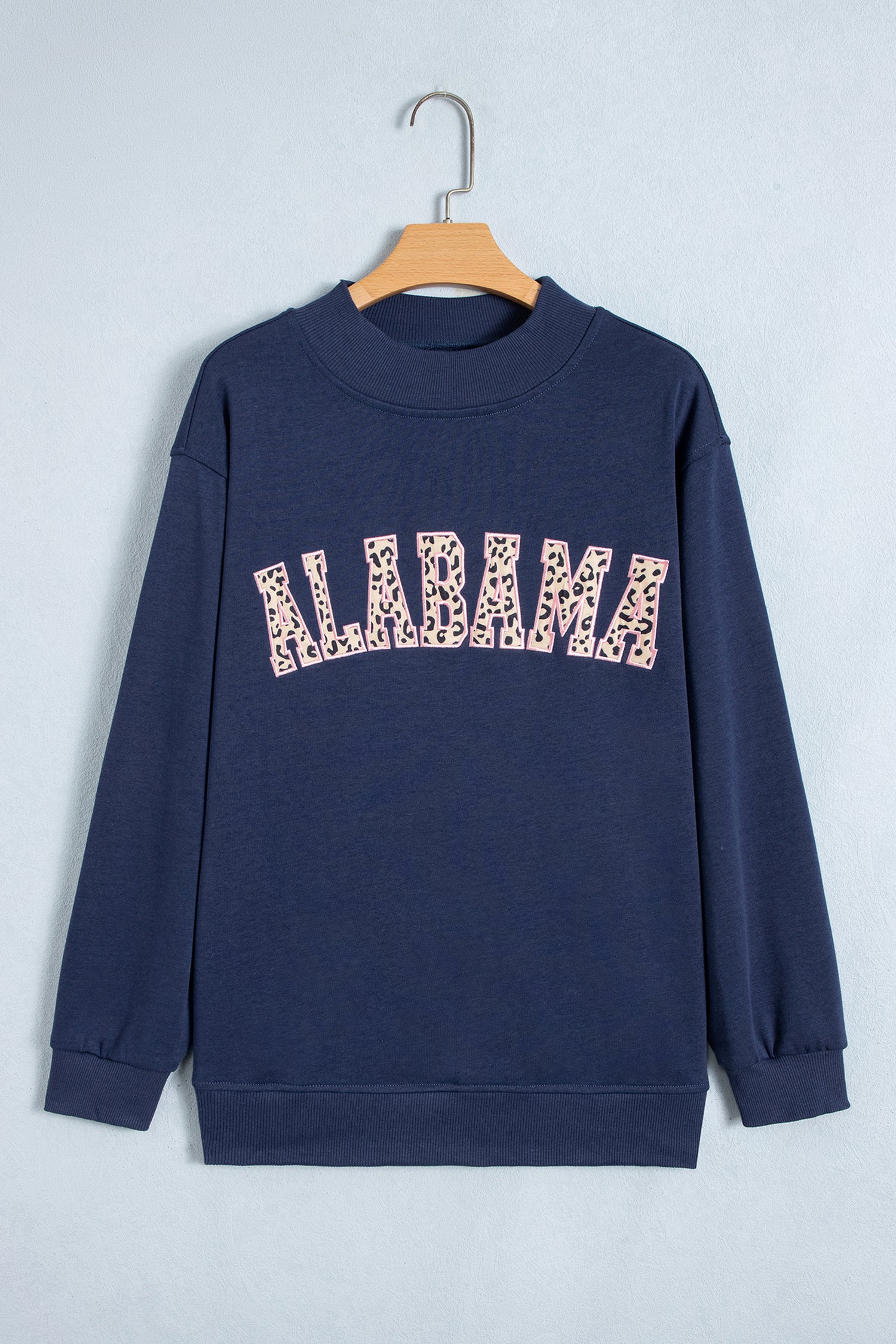 Dirty blue Embroidered Leopard Alabama High Neck Long Sleeve Tunic Sweatshirt