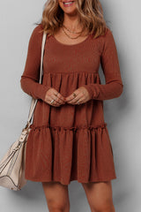 Straw Yellow Ribbed Frilled Trim High Waist Long Sleeve Mini Dress