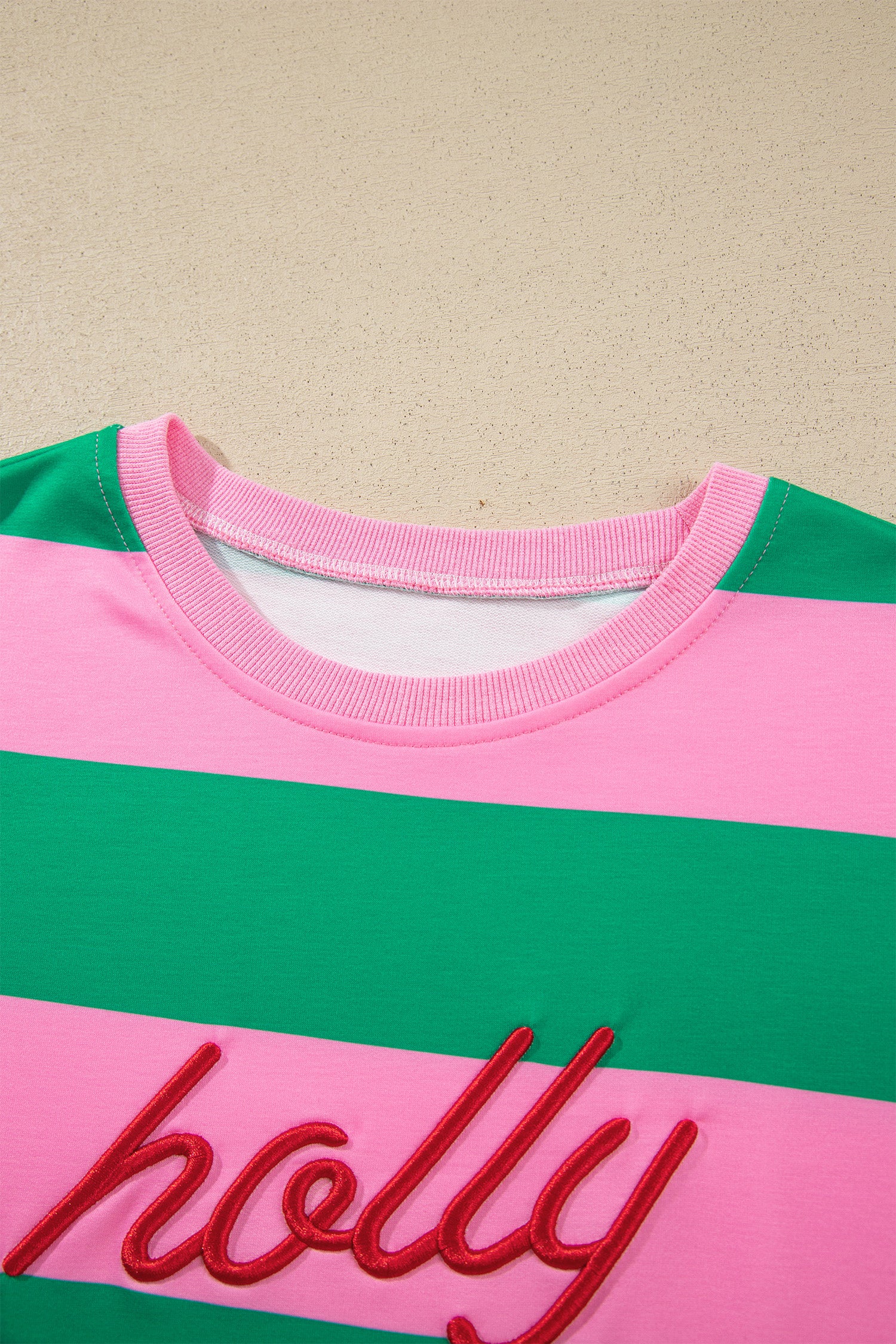 Red Stripe holly jolly Letter Embroidered Pullover Sweatshirt