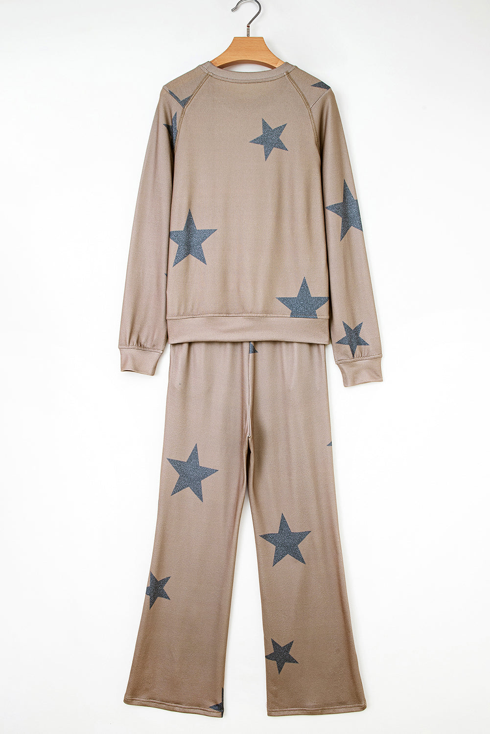 Khaki Retro Star Print Long Sleeve Pullover Drawstring Wide Leg Pajama Set