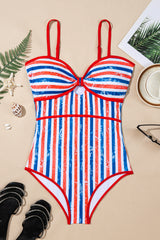 Red July 4th Stripes Impression Cutout Spaghetti Straps One Piece Swimsuit