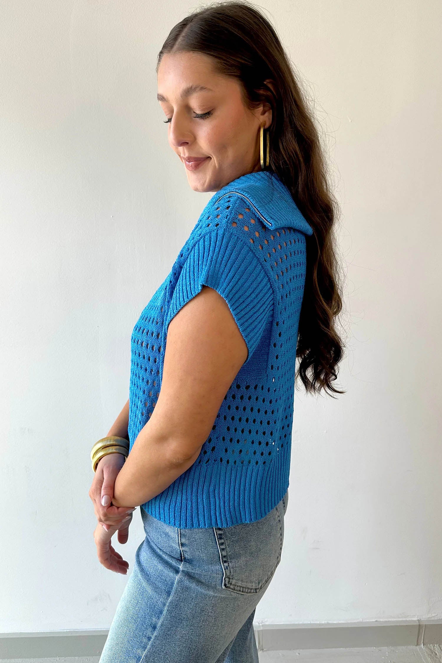 Yellow Solid Color Hollowed Knit Short Sleeve Zipper Collar Knitwear Top