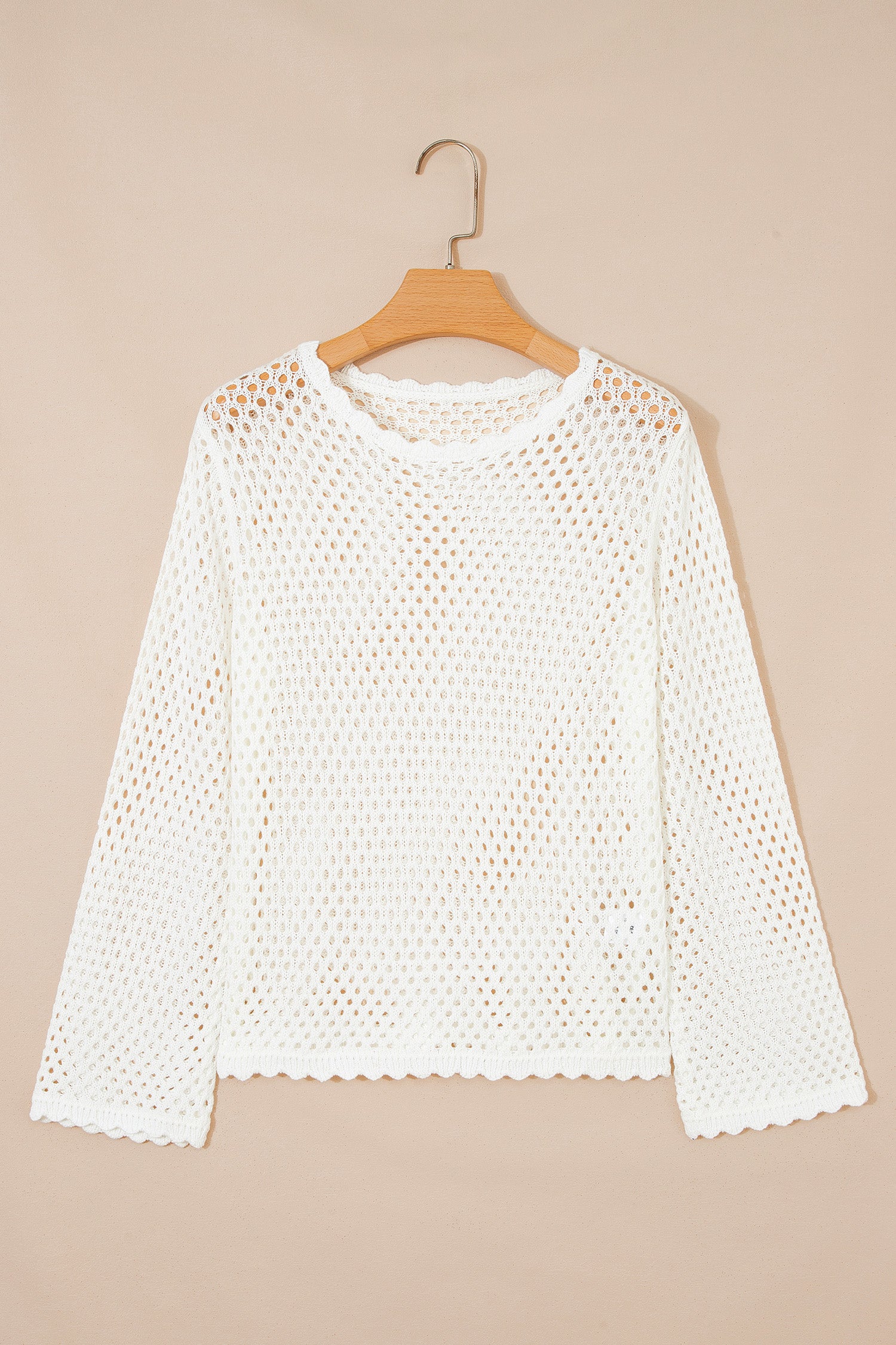 White Scalloped Trim Hollow Out Knit Long Sleeve Top