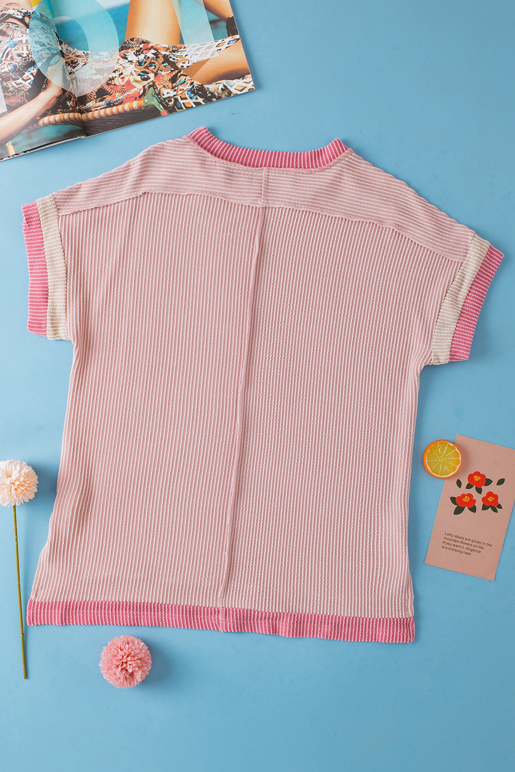 Light Pink Textured Colorblock Round Neck T Shirt