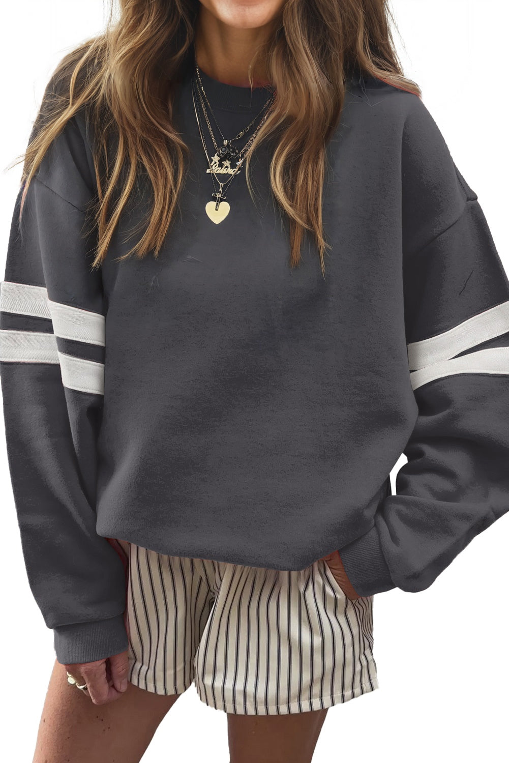 Dark Grey Preppy Striped Sleeve Loose Sweatshirt