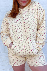 Beige Floral Print Hooded Long Sleeve Plus Size Set