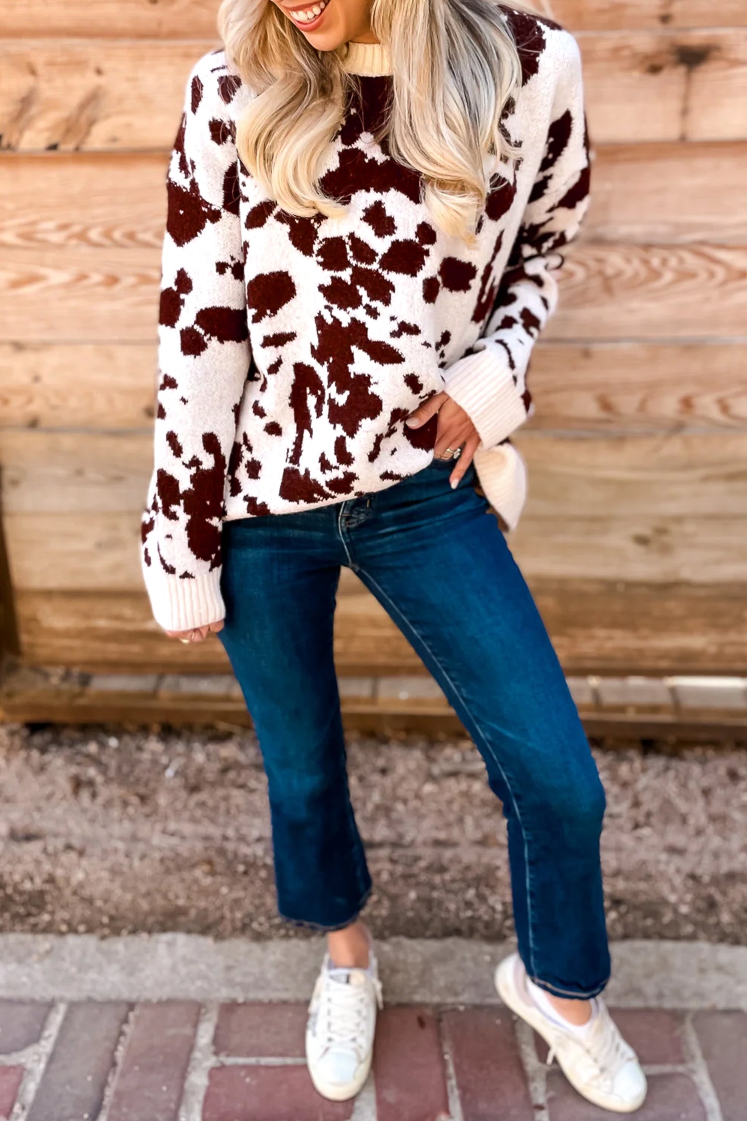 Brown Western Print Cow Pattern Long Sleeve Round Neck Pullover Knitwear Sweater