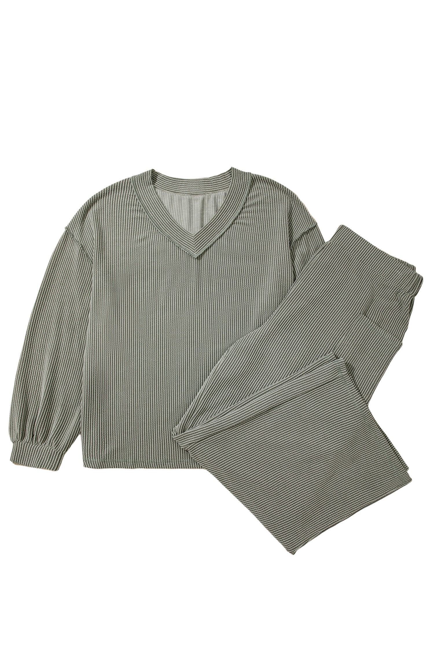 Four Leaf Clover Twisted Ribbed Exposed Seam Detail V Neck Pullover Plus Size Pant Set