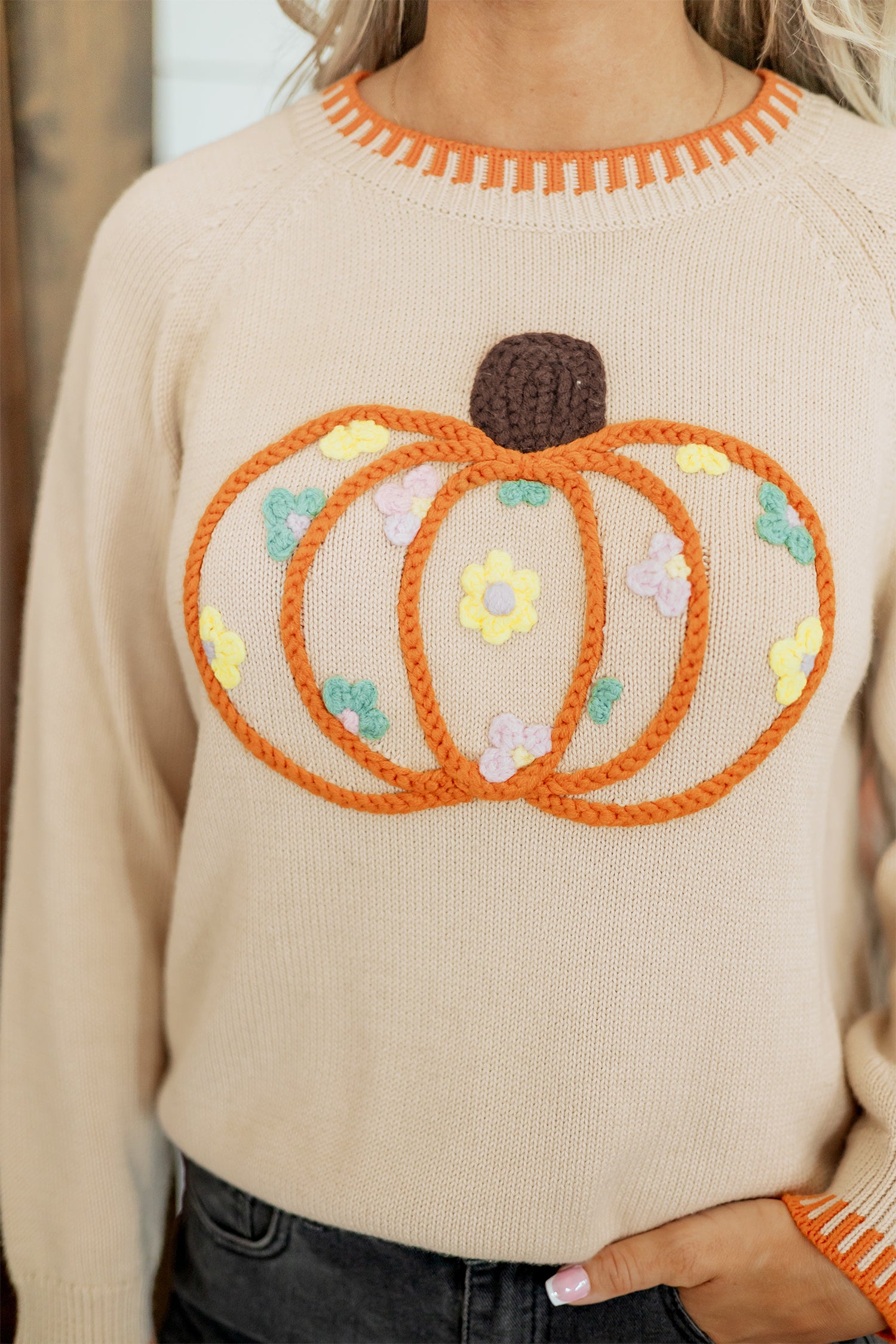 Parchment Floral Embroidery Pumpkin Long Sleeve Round Neck Sweater