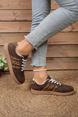 Coffee Contrast Lace-up Leopard Patchwork Detail Faux Suede Shoes