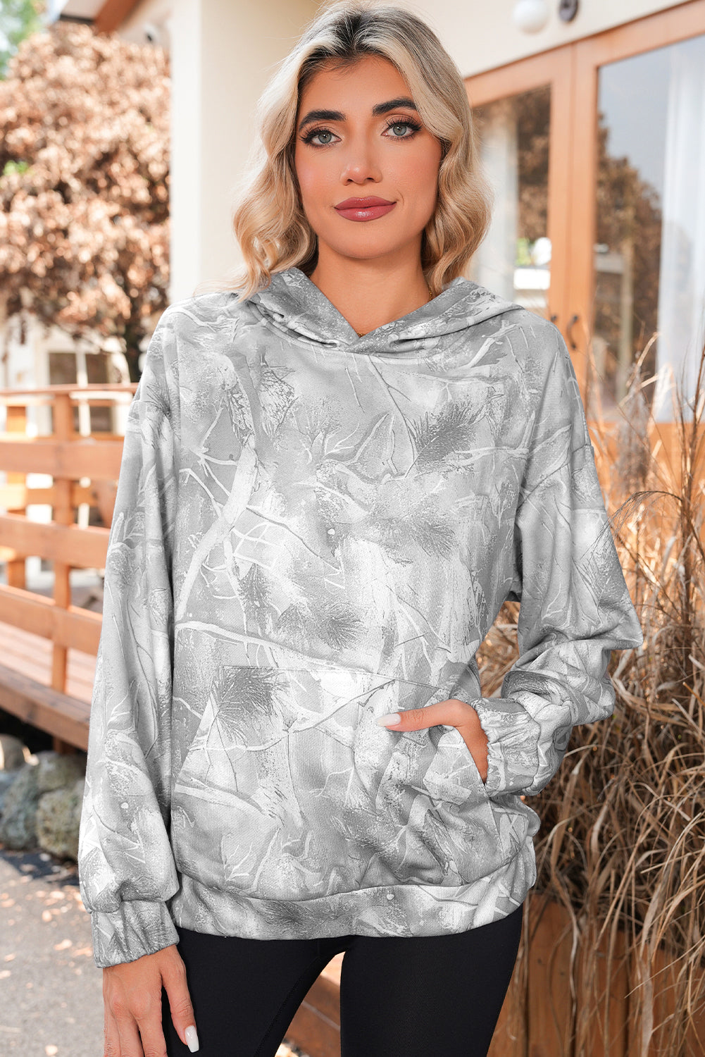 Gray Camouflage Maple Leaf Print Kangaroo Pocket Oversized Hoodie
