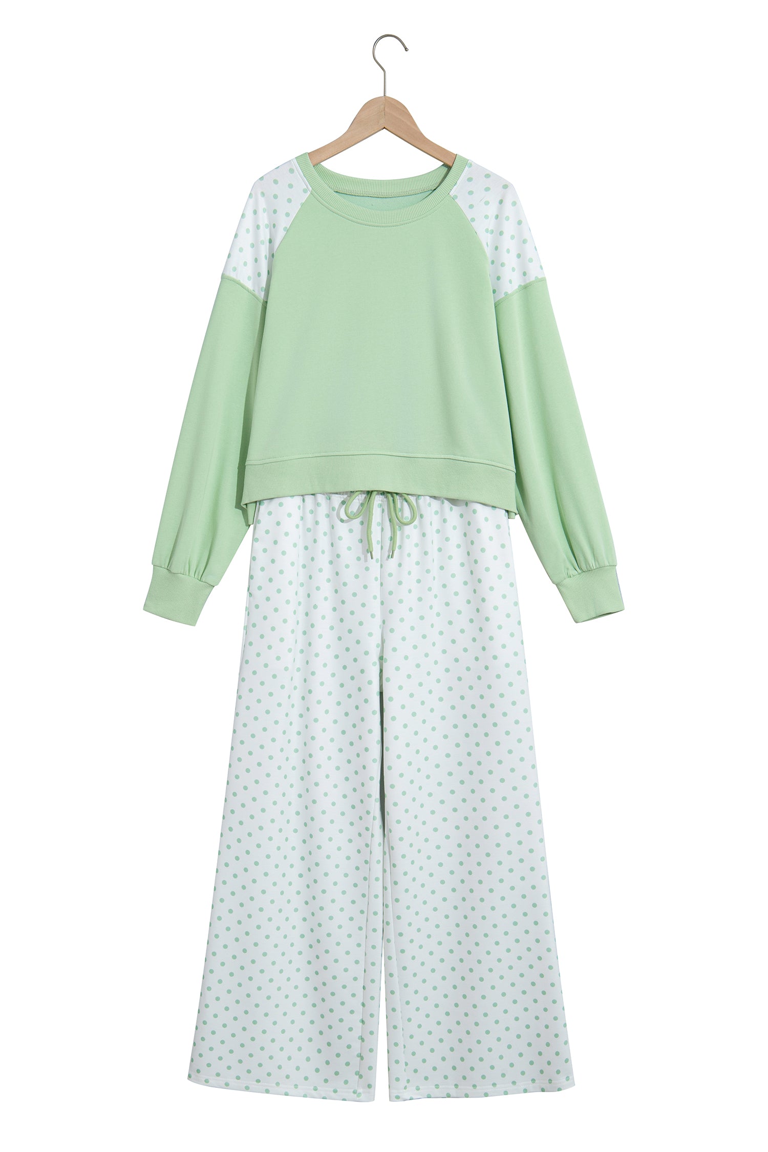 Khaki Polka Dot Patchwork Colorblock Long Sleeve Casual Two Piece Pants Set