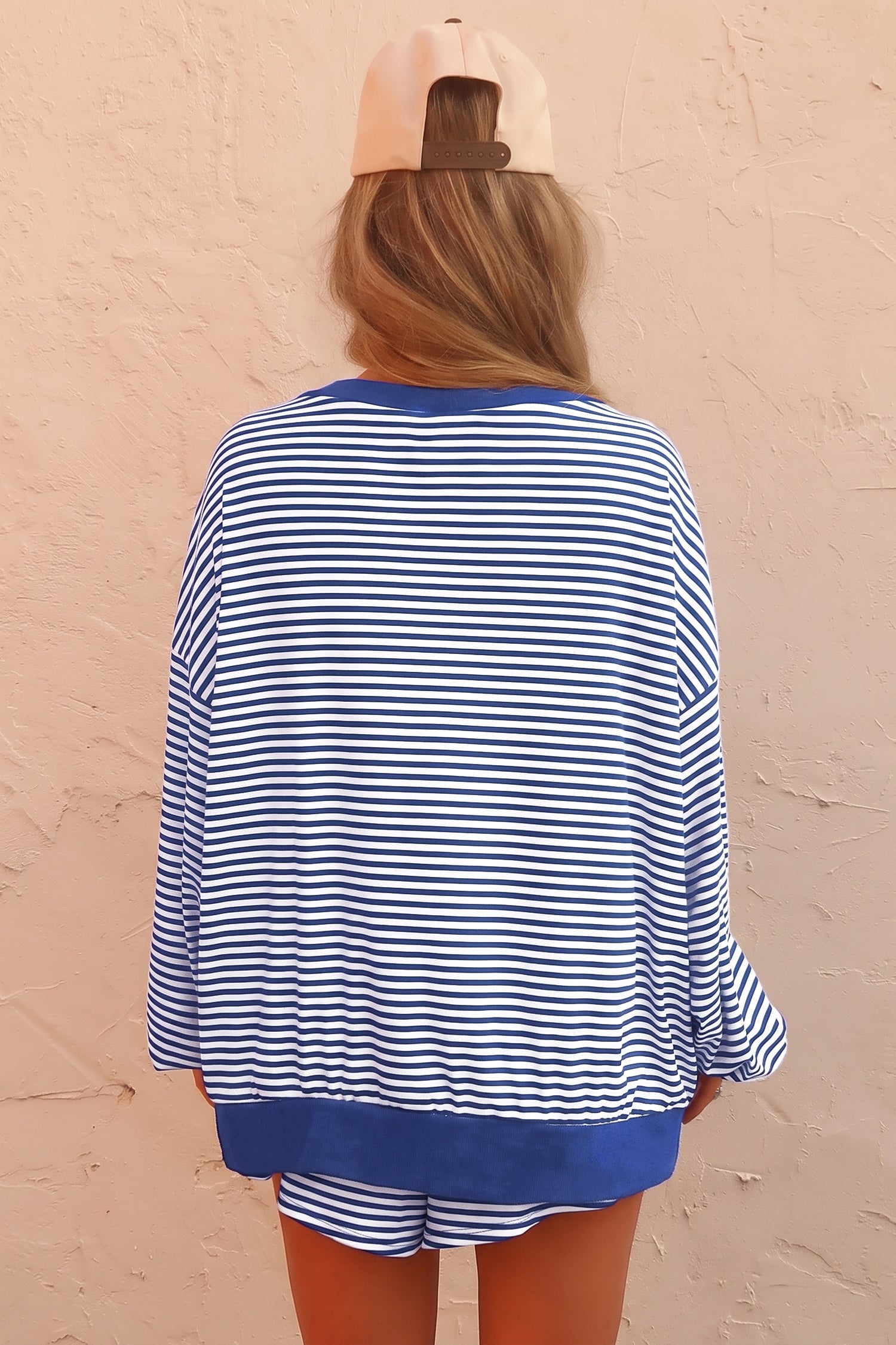 Brown Stripe Oversized Long Sleeve Top Drawstring Loose Shorts 2pcs Set