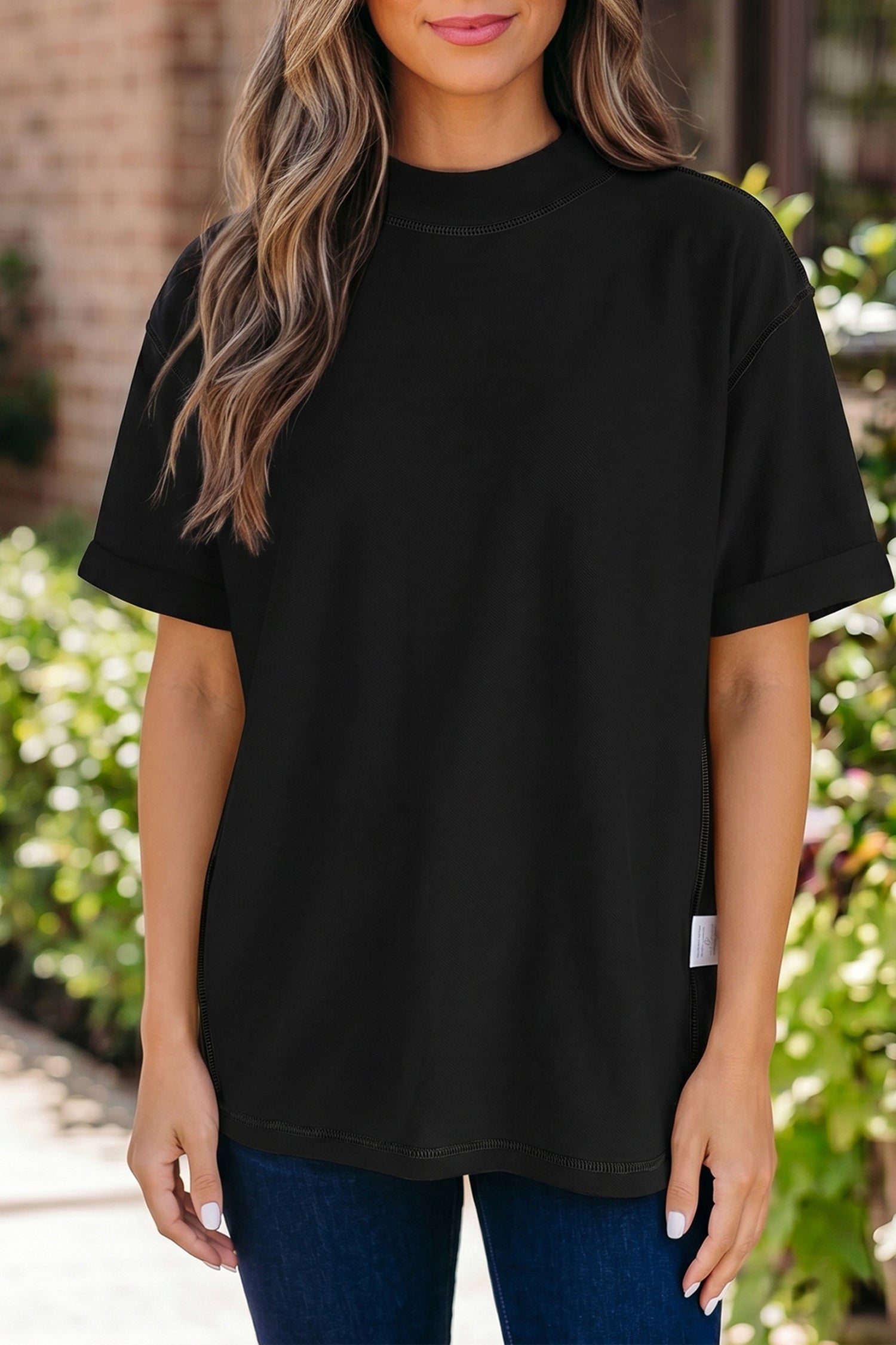 Dark Blue Solid Color High Neck Oversize Tee