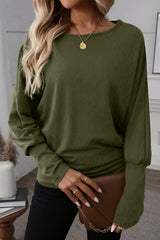 Green Solid Color Round Neck Dolman Sleeve Top