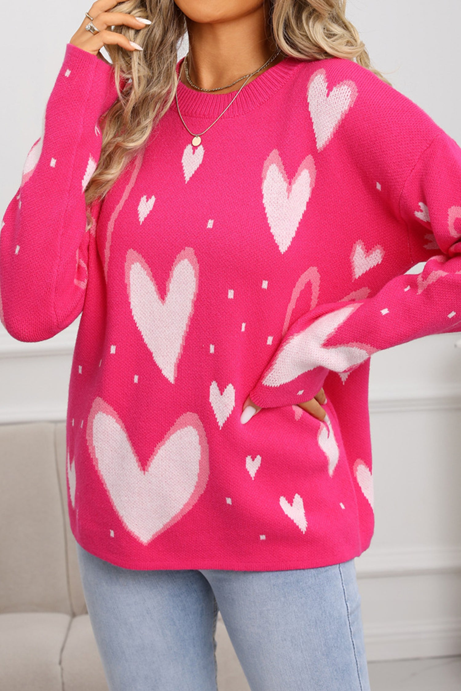 Rose Red Splendid Heart Print Valentines Day Sweater