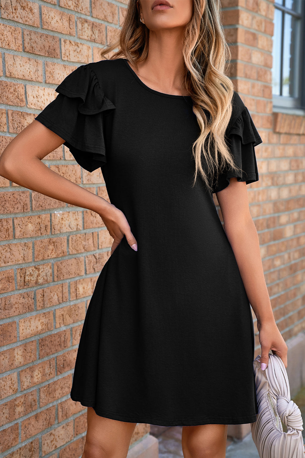 Black Solid Color Round Neck Double Ruffle Short Sleeve Dress