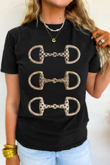 Black Western Horse Bit Printed Relaxed T Shirt