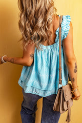 Sky Blue Floral Print Ruffled Wide Strap Loose Top