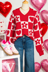 Fiery Red V Neck Flower Heart Detail Checkered Knit Loose Sweater