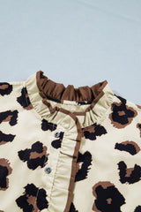 Khaki Plus Size Leopard Print Frilled Color Block Trim Button Down Short Sleeve Blouse