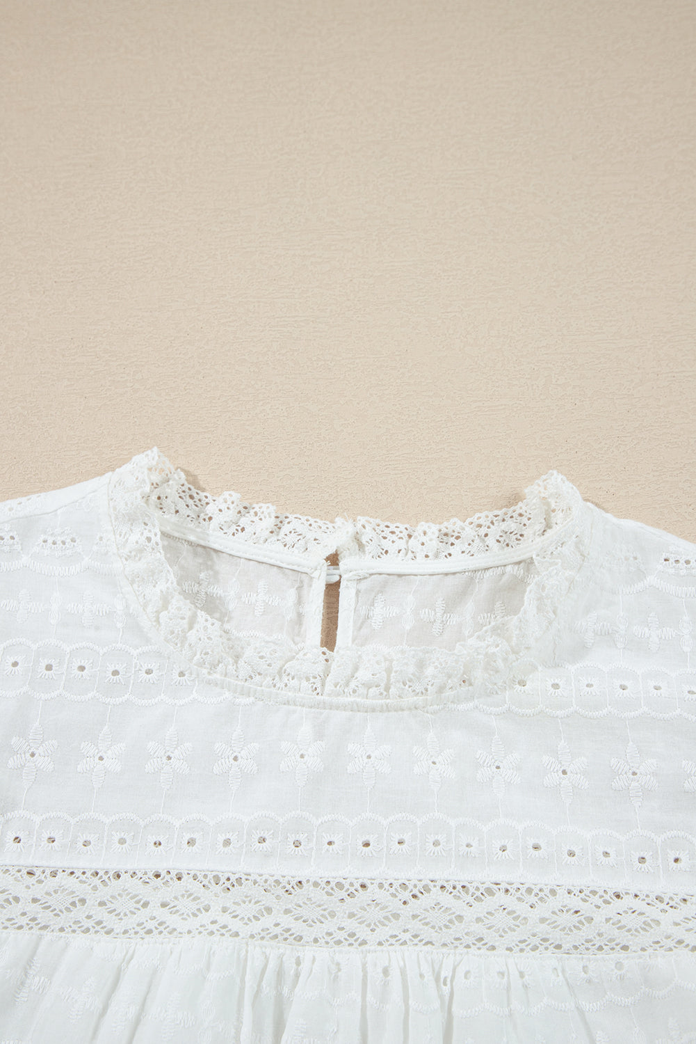 White Lace Neck Flutter Sleeve Eyelet Blouse