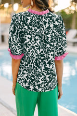 Green Damask Print Ruffled Color Block Detail Half Sleeve Blouse