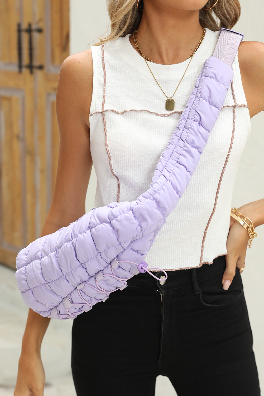 White Marshmallow Quilted Drawstring Decor Sling Bag
