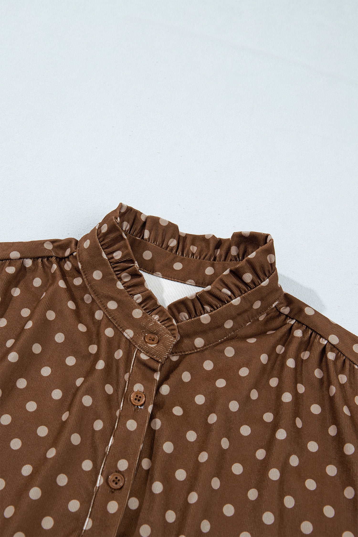 Brown Polka Dot V Neck Long Sleeve Button Shift Dress