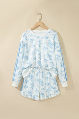 Sky Blue Floral Print Striped Detail Long Sleeve Top Ruffle Hem Shorts 2pcs Set