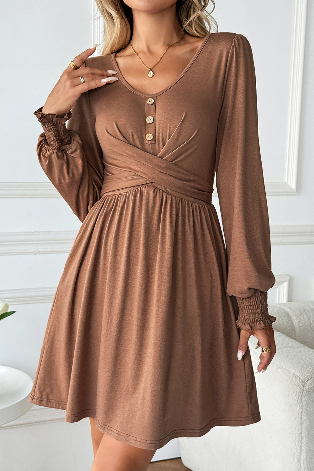 Dark Grey Shirred Cuff Long Sleeve Button Round Neck Mini Dress