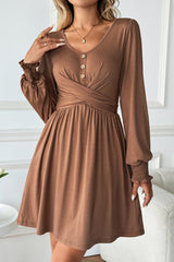 Chestnut Shirred Cuff Long Sleeve Button Round Neck Mini Dress