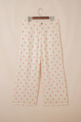 White Polka Dot Print Patched Pocket Mid-rise Straight Leg Pants