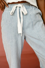 Sky Blue Stripe Mid Rise Drawstring Waist Jeans