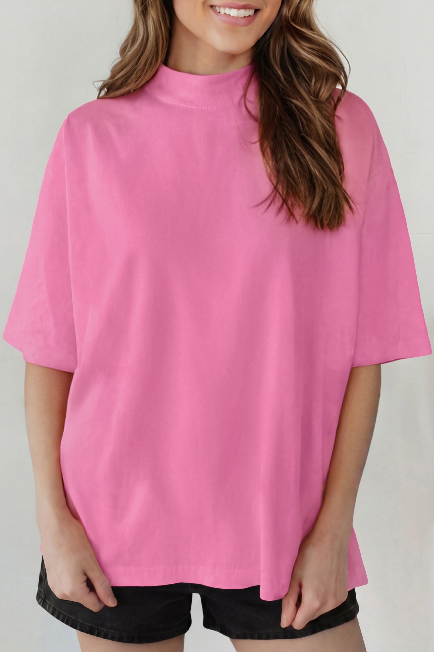 Dark Blue Solid Color High Neck Oversize Tee