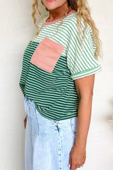 Green Stripe Contrast Print Color Block Detail Relaxed Tee
