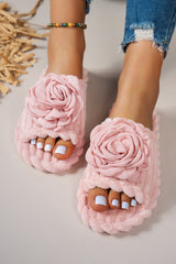 Pink Solid Color 3D Flower Accent Corded Ribbed Open Toe Slippers