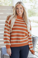 Orange Stripe Ribbed Trim Drop Shoulder Sweater