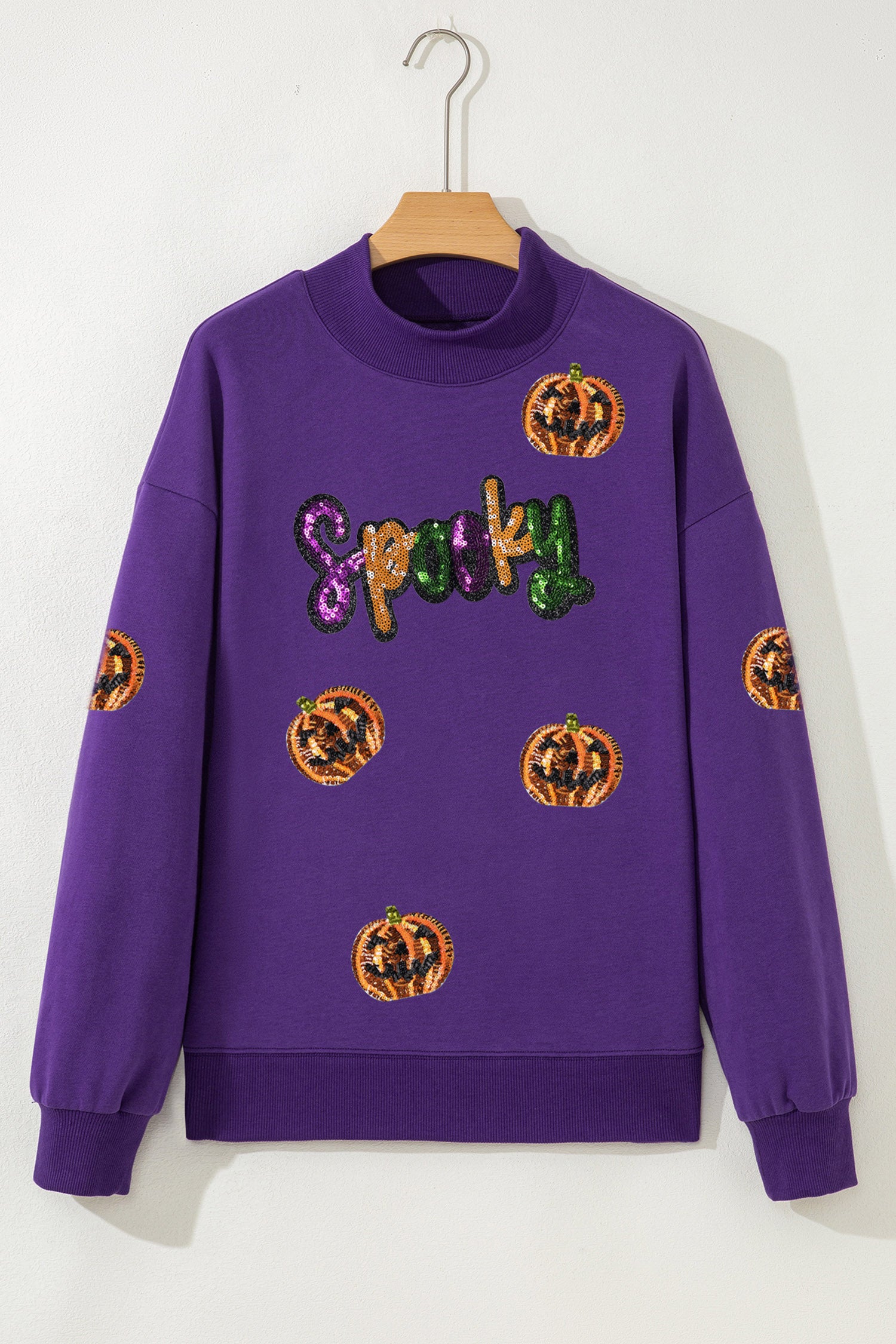 Tillandsia Purple Sequin Pumpkin Spooky Graphic Halloween Pullover Sweatshirt