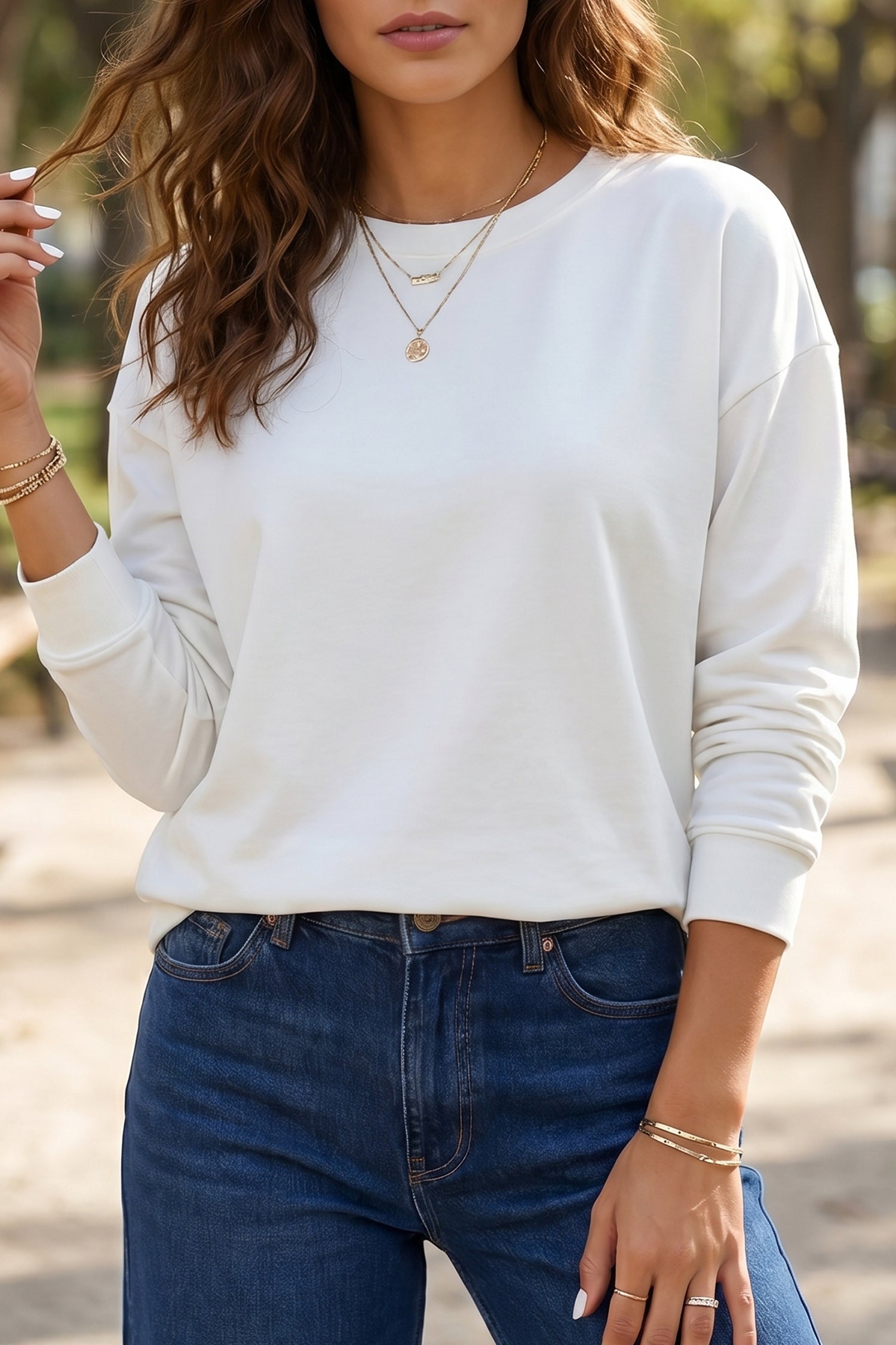 White Solid Color Dropped Shoulder Long Sleeve Top