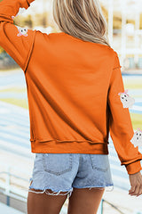 Carrot Sequin Ghost Graphic Exposed Seam Mock Neck Pullover Sweatshirt