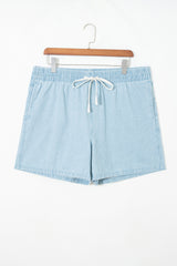 Sky Blue Stripe Plus Size Contrast Drawstring Elastic Waist Denim Shorts