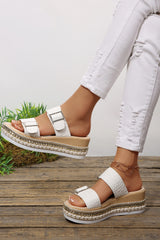 White Metallic Textured PU Leather Buckle Wedge Platform Slippers