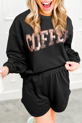 Straw Yellow Sequined COFFEE Loose Fit Sweatshirt and Shorts Set