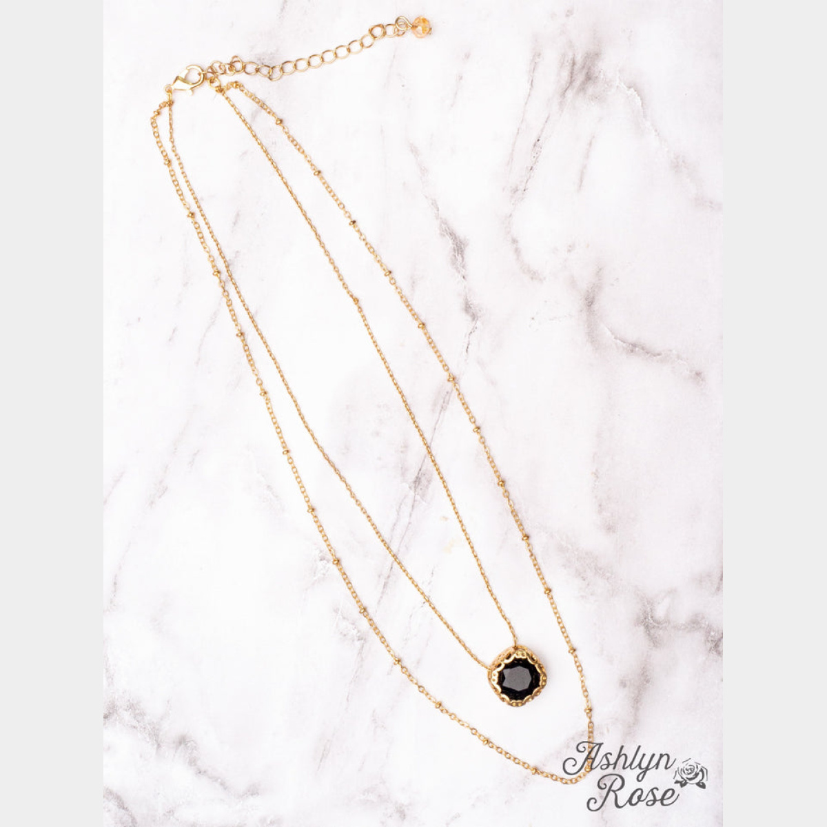 Gala Evening Black Crystal Pendant Gold Layered Necklace