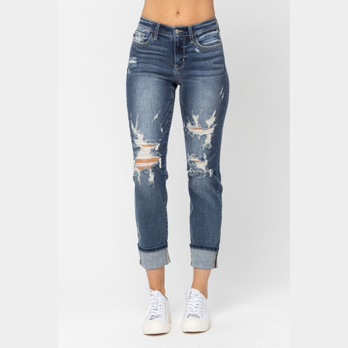 Judy Blue Mid-Rise Cuffed Destroy Boyfriend Jeans